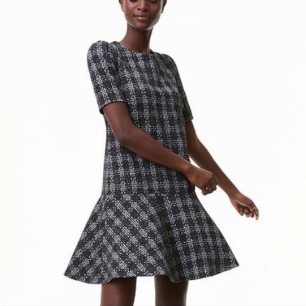 LOFT Black and White Plaid Drop-Waist Short Sleeve Dress